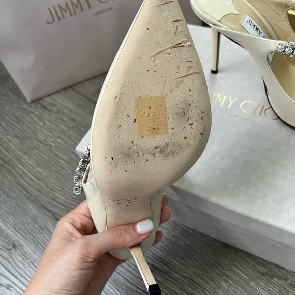 Jimmy Choo Bing 100 Ivory Patent Leather Mules with Crystal Strap - Picture 8 of 15